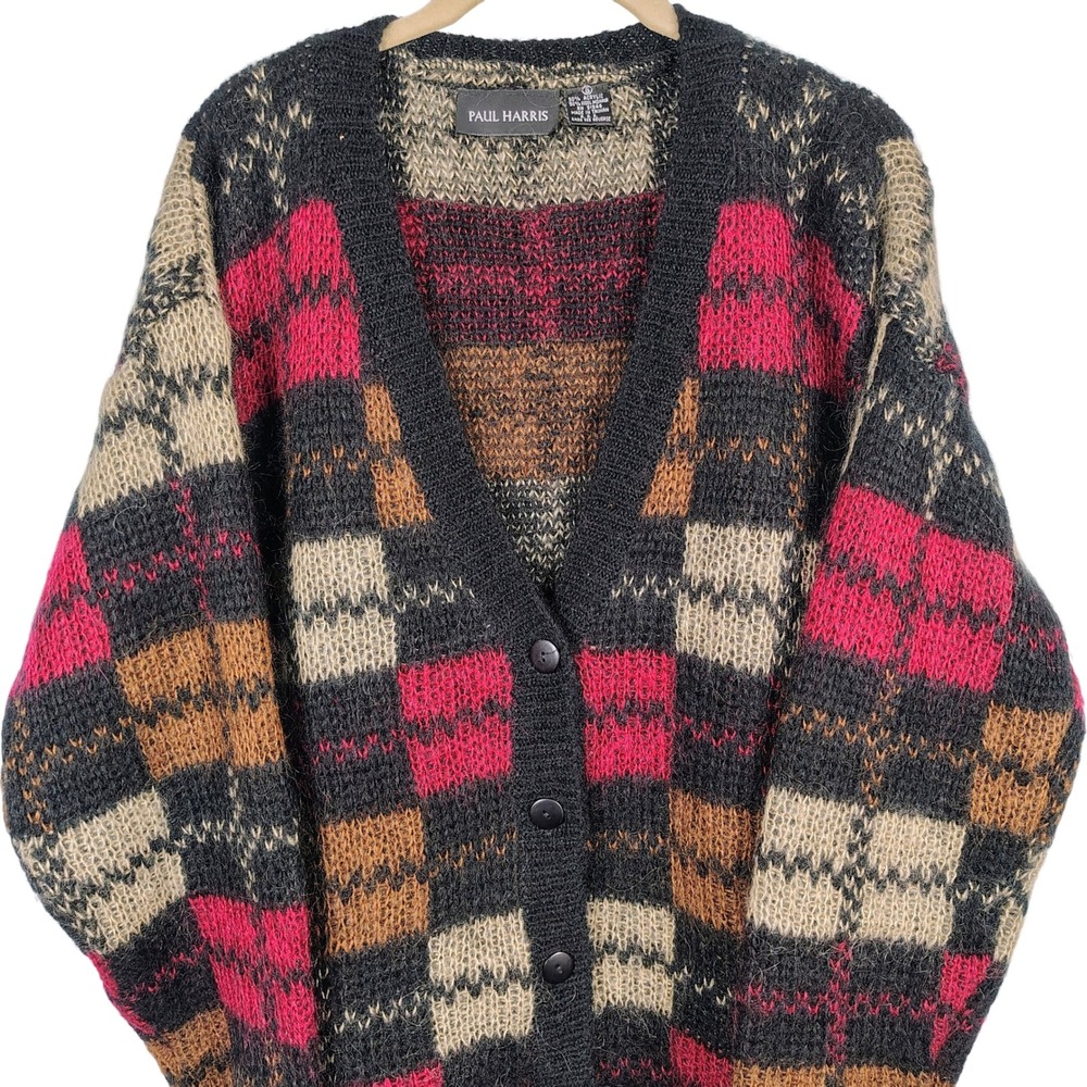 Paul Harris Womens SZ S Mohair Wool Blend Cardigan Multicolor Plaid Grandmacore